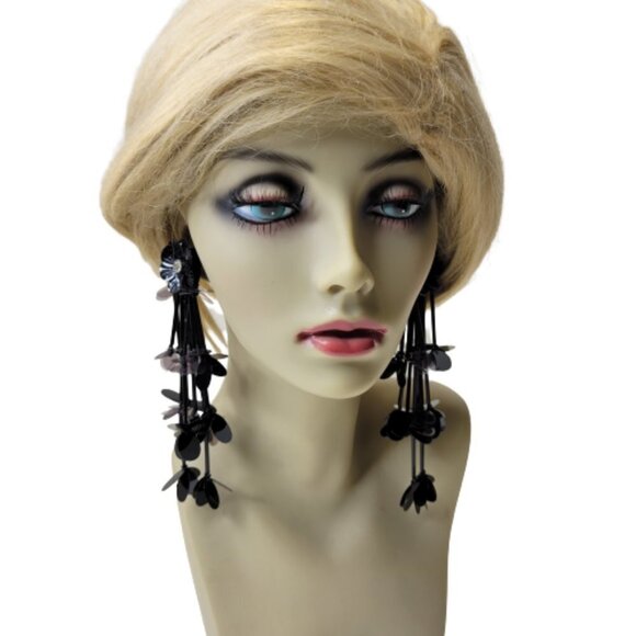 Shoulder Duster Sequin Black Lightweight Earrings - Picture 3 of 9